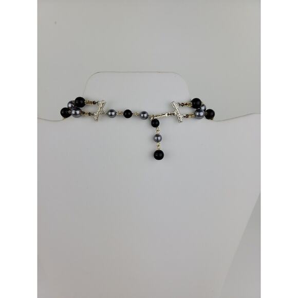 Necklace 2 Strand Black Gray Silver Design Beaded Vintage Marked Japan 13 15 in - Picture 5 of 11